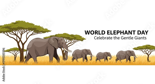 A herd of African elephants walking through the savannah landscape.