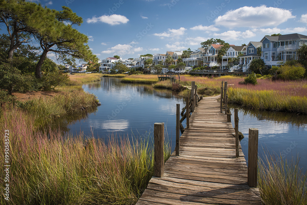 Fototapeta premium Luxury coastal neighborhood with wooden walkway across marshland under blue sky with clouds, peaceful water reflecting nature and houses in background creating serene atmosphere