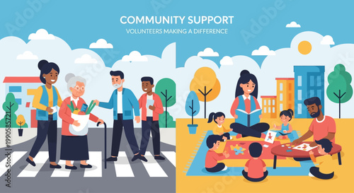 Community Support and Volunteering Flat Illustration with Diverse People Helping Each Other.