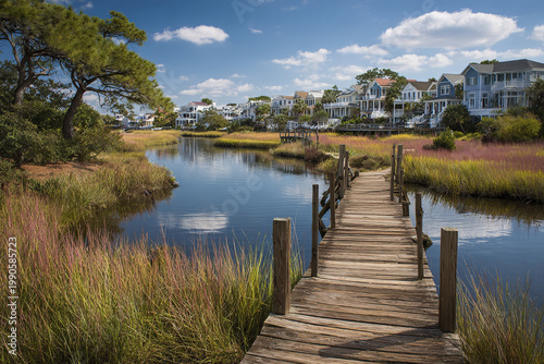 Luxury coastal neighborhood with wooden walkway across marshland under blue sky with clouds, peaceful water reflecting nature and houses in background creating serene atmosphere