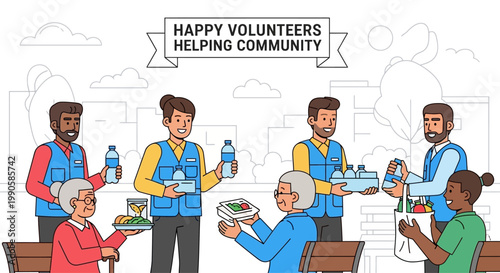 Happy volunteers in blue vests helping community members with food and water distribution.