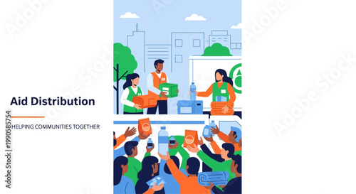 Aid Distribution Helping Communities Together Illustration of Volunteers Handing Out Supplies.