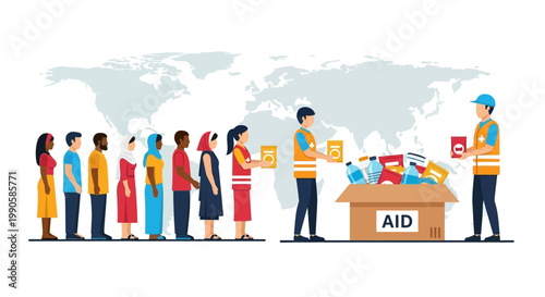 Humanitarian aid distribution to a diverse group of people by volunteers.