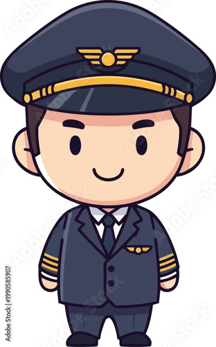A smiling cartoon pilot wearing a uniform and hat stands proudly.