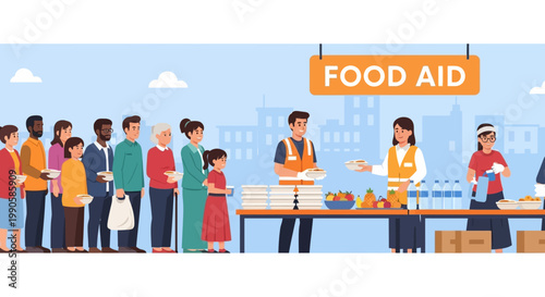 Volunteers distributing food boxes to a diverse line of people at a food aid station.