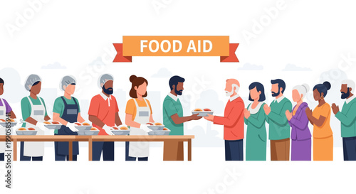 Diverse volunteers serving hot meals to hungry people at a community food aid station.