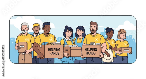 Group of diverse volunteers holding cardboard donation boxes with Helping Hands text.