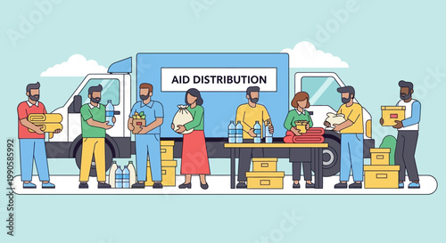 Humanitarian aid distribution with volunteers and truck delivering supplies to people.