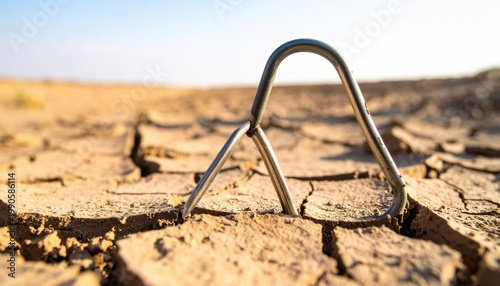 Bent metal tent peg deeply embedded in hardened cracked earth under a clear sky