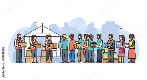 Diverse group of volunteers distributing essential supplies and food to people in a line.
