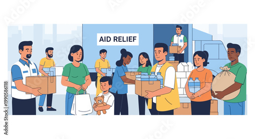 Volunteers distributing aid relief boxes and water to people in need.