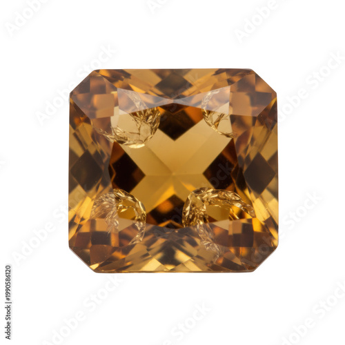 Single raw citrine gemstone with irregular multifaceted edges and deep golden amber hue resting on a polished white surface, luxurious jewelry product atmosphere