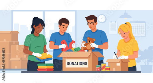 Group of Diverse Volunteers Packing Donation Boxes with Food Clothes and Toys.