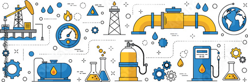 Oil and Gas Industry Vector Banner with Pipeline Drilling Rig Fuel Pump and Energy Production Icons for Petroleum Engineering and Global Resource Management DesignsOil and Gas Industry Vector Banner w