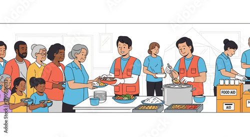Volunteers serving hot meals to diverse group of people at community food bank illustration.