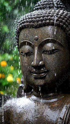 Close-up of Buddha statue in the rain, flowers, garden, Buddhism symbol, peace.