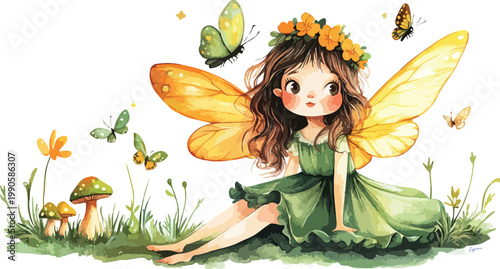 Fantasy illustration of a beautiful fairy woman in nature surrounded by flowers, leaves and floral fashion across spring summer autumn colors