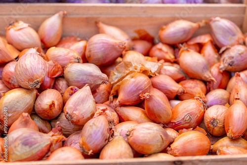 An onion on the counter of a grocery store at the city market.