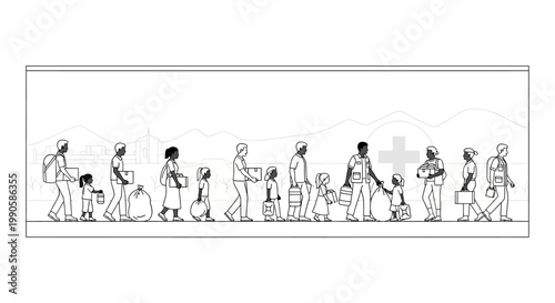 Line drawing of refugees and migrants walking in a line carrying their belongings.