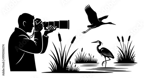 Man taking photo of flying bird and heron.