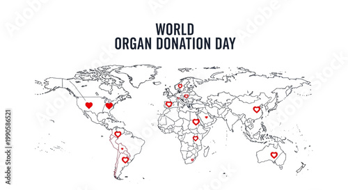 World Organ Donation Day infographic with a global map and red heart icons.