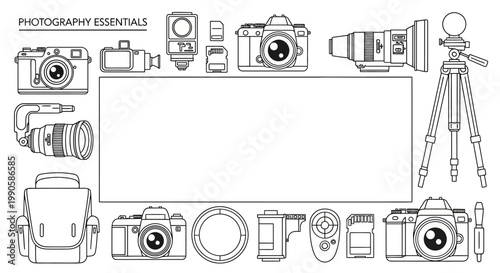 Photography Essentials Collection Camera Gear and Accessories Border.