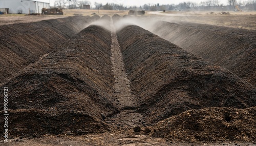 Medium shot of windrow rows in compost curing zone focusing on orderly elongated piles aging undisturbed for effective microbial activity and moisture retention.