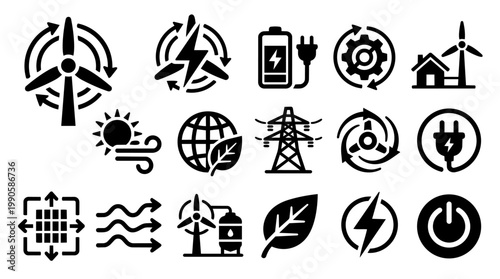 Wind Energy Icon Set – Turbine Power Generation, Renewable Electricity Workflow Bold Vector Icons for Green Technology, Sustainability UI and Energy System Design