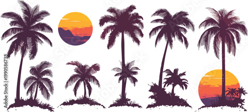 Tropical island beach with palm trees at sunset over the ocean