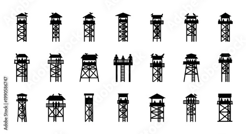 Collection of various watchtower silhouettes.