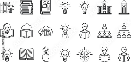 Education and knowledge line icon set featuring books ideas learning students and academic institution concepts collection