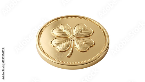 Golden coin with four leaf clover design on transparent background