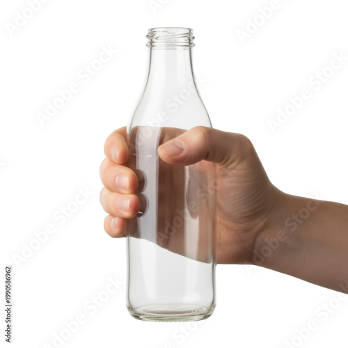 Fair-toned human hand gripping a clear empty glass bottle against a solid white background, emphasizing natural skin texture and clean minimalist refreshment vibe