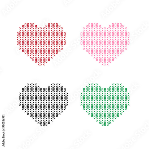 Cross Stitch Heart Icon Set Four Color Variants Flat Vector Pack