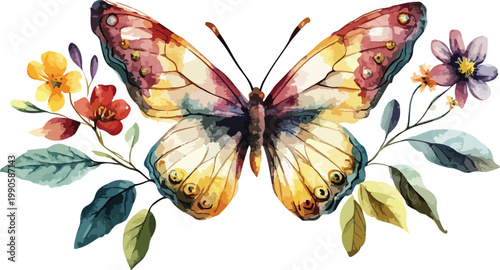 Colorful butterfly on white background and flower macro closeup nature insect wings spring wildlife swallowtail orange black yellow butterfly artwork