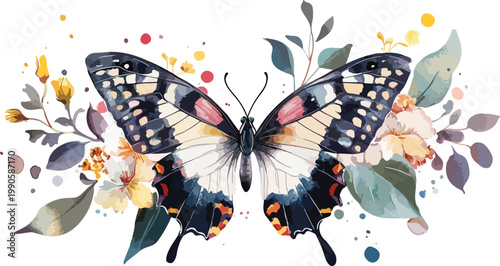 A colorful butterfly with bright wings resting on a flower against a clean white background
