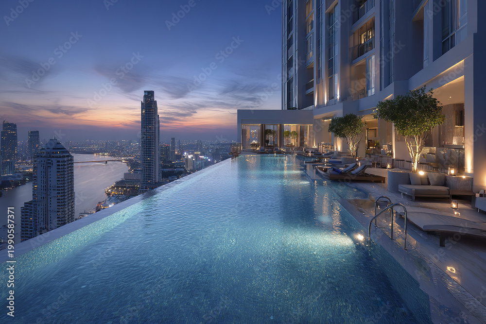 Obraz premium Luxury rooftop infinity pool at dusk with city skyline view, modern lounge chairs, ambient lighting, and urban river landscape creating serene and elegant atmosphere