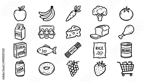 Hand Drawn Food and Grocery Doodle Vector Icon Set Black Outline