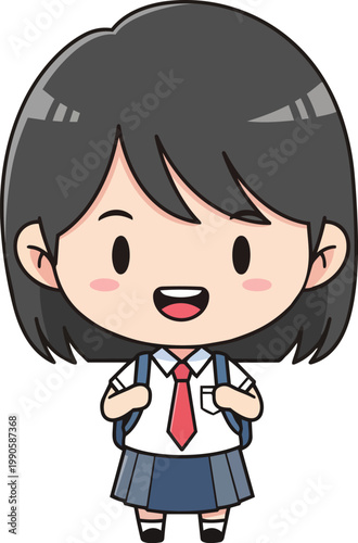 A cheerful schoolgirl wearing uniform and backpack smiles broadly