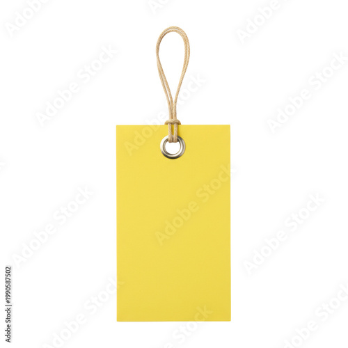 Blank rectangular yellow price tag with a silver metal eyelet and beige string loop isolated on a white background, retail commerce concept