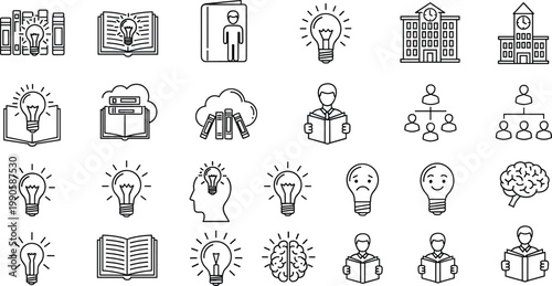 Education creativity line icons set learning idea knowledge school outline vector collection minimal modern academic symbols inspiration