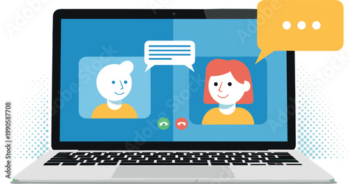 Online Video Conference Concept Vector with People Having Virtual Meeting on Laptop Screen Featuring Chat Bubbles for Remote Work, Education, and Digital CommunicationOnline Video Conference Concept V