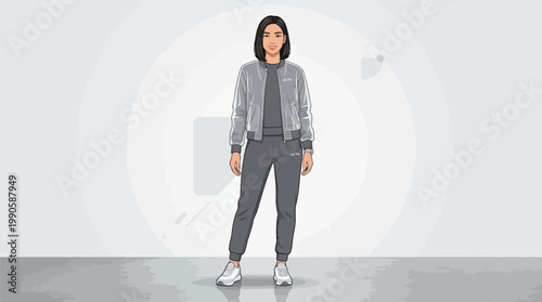 Woman in gray tracksuit standing on a shiny floor indoors looking forward