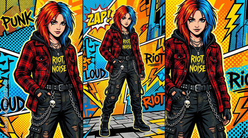 Three rebellious teenage girls with punk hairstyles standing in a colorful comic book styled urban environment with loud expressions.
