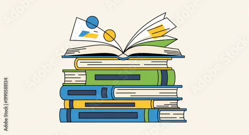 Stack of Open Books with Charts and Graphs.