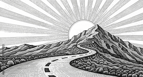 Mountain landscape with winding road and sunburst illustration.