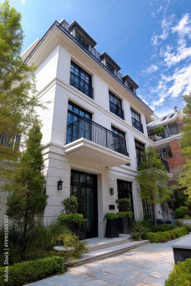 Fototapeta premium White townhome with black framed windows and small balconies manicured courtyard greenery classic urban residential architecture with slate walkway and potted shrubs