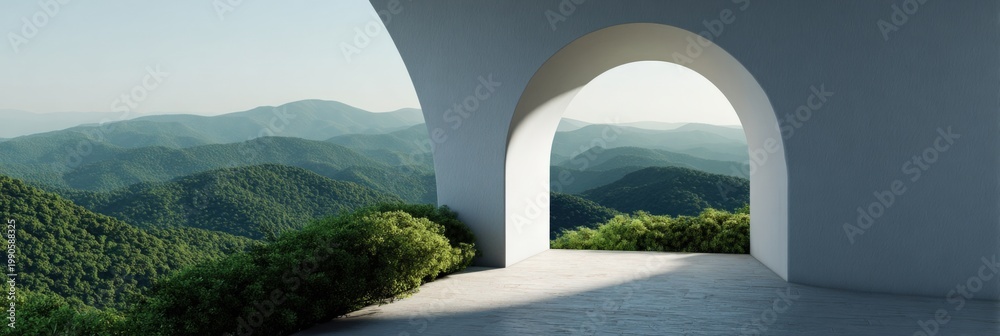 Naklejka premium White arched terrace overlooking layered forested mountains with soft morning light and sweeping panoramic vista