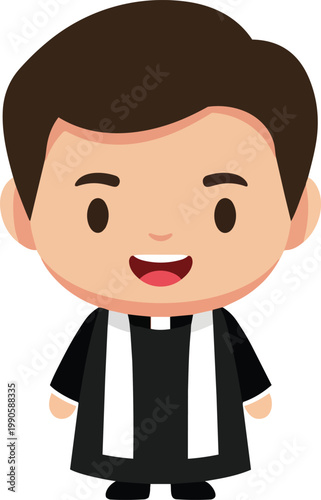 A smiling cartoon priest wearing a black robe with white accents stands happily.