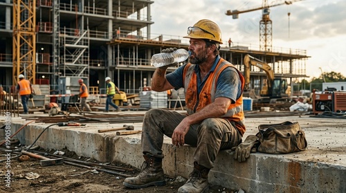 Construction worker taking a break and drinking water on a building site
